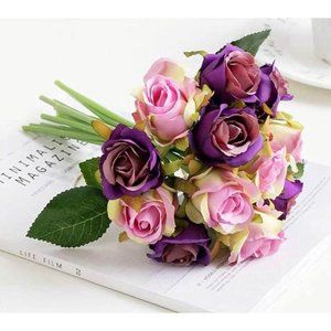 Pink & Purple Artificial Roses Flower bouquet 10 heads for Wedding Centerpiece